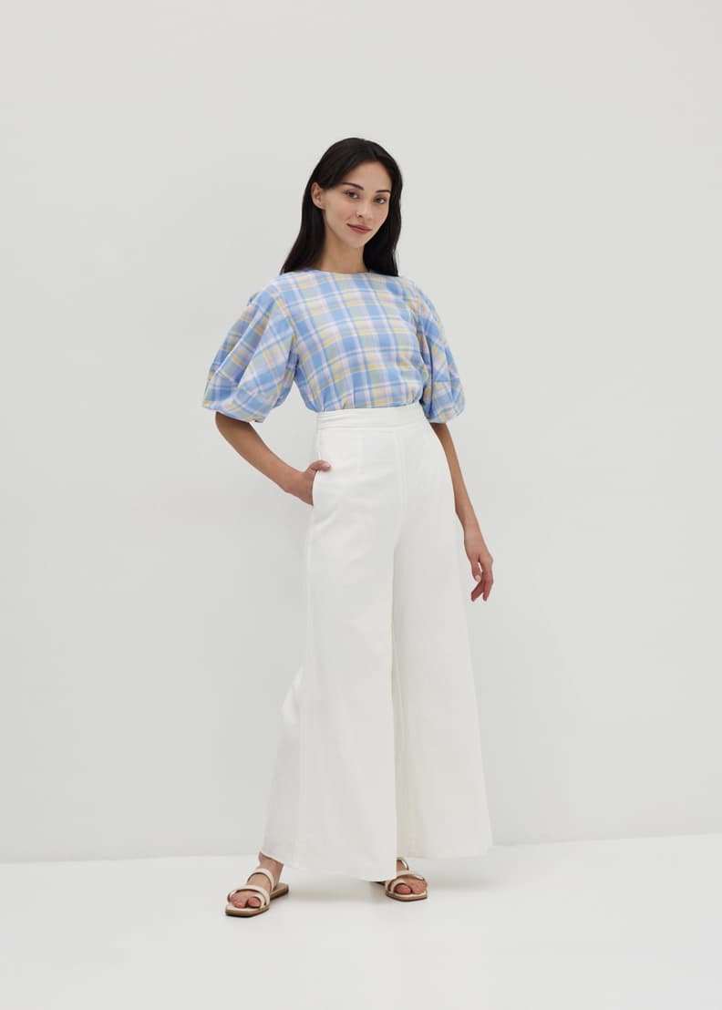 Checkered puff sleeve top best sale