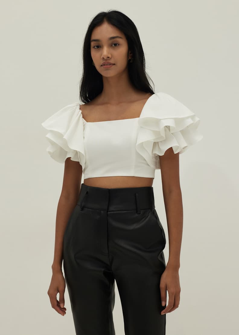 White ruffle sleeve crop top best sale
