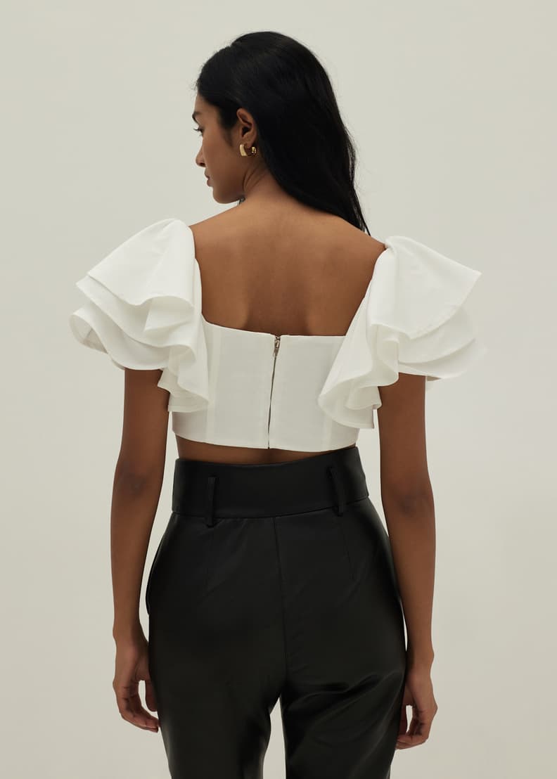 White ruffle sleeve crop top online