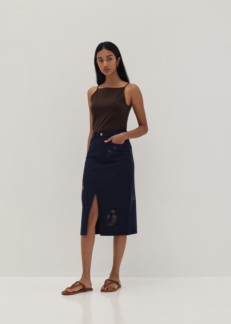 Zaria Embroidered Denim Pencil Skirt in Humble Abode