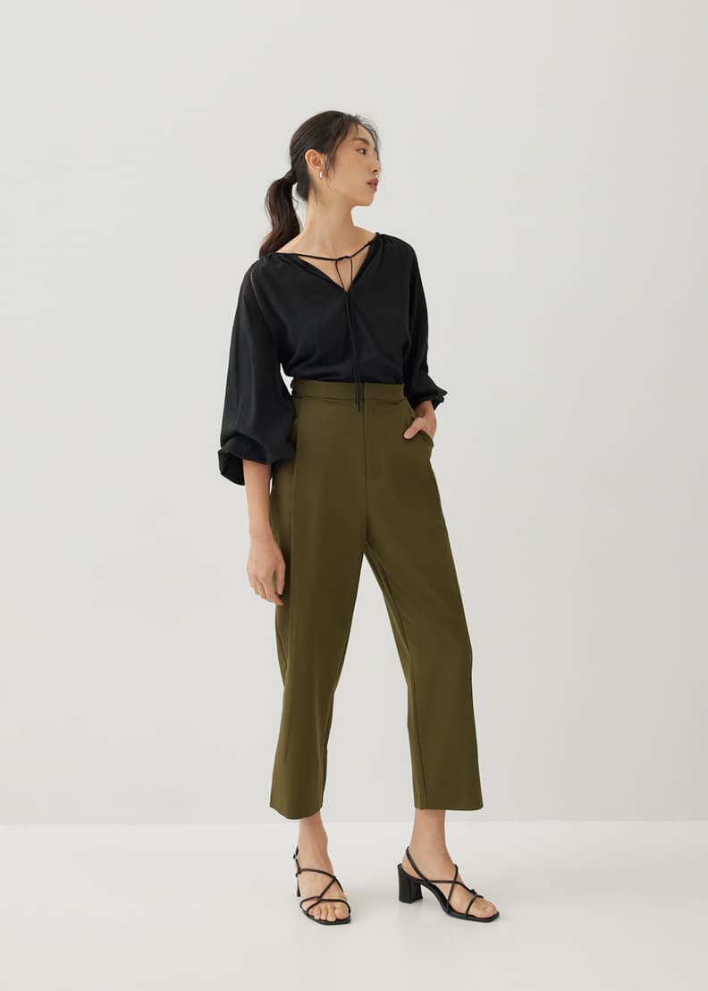 Women Olive Green Cropped Peg Trousers