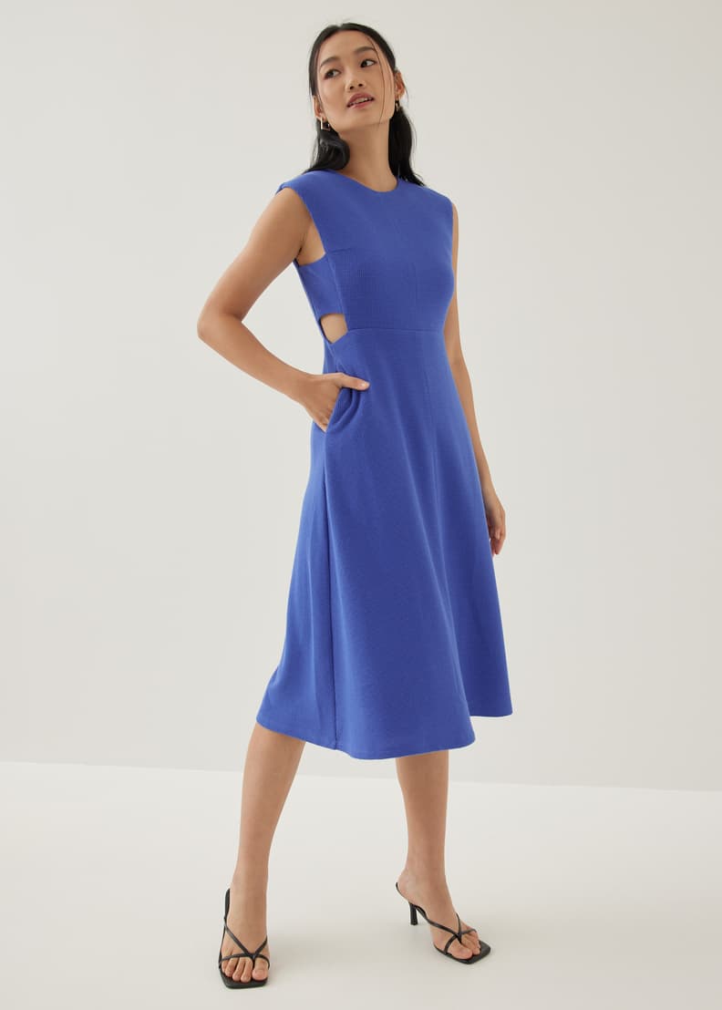 Blue fit and flare midi dress hotsell