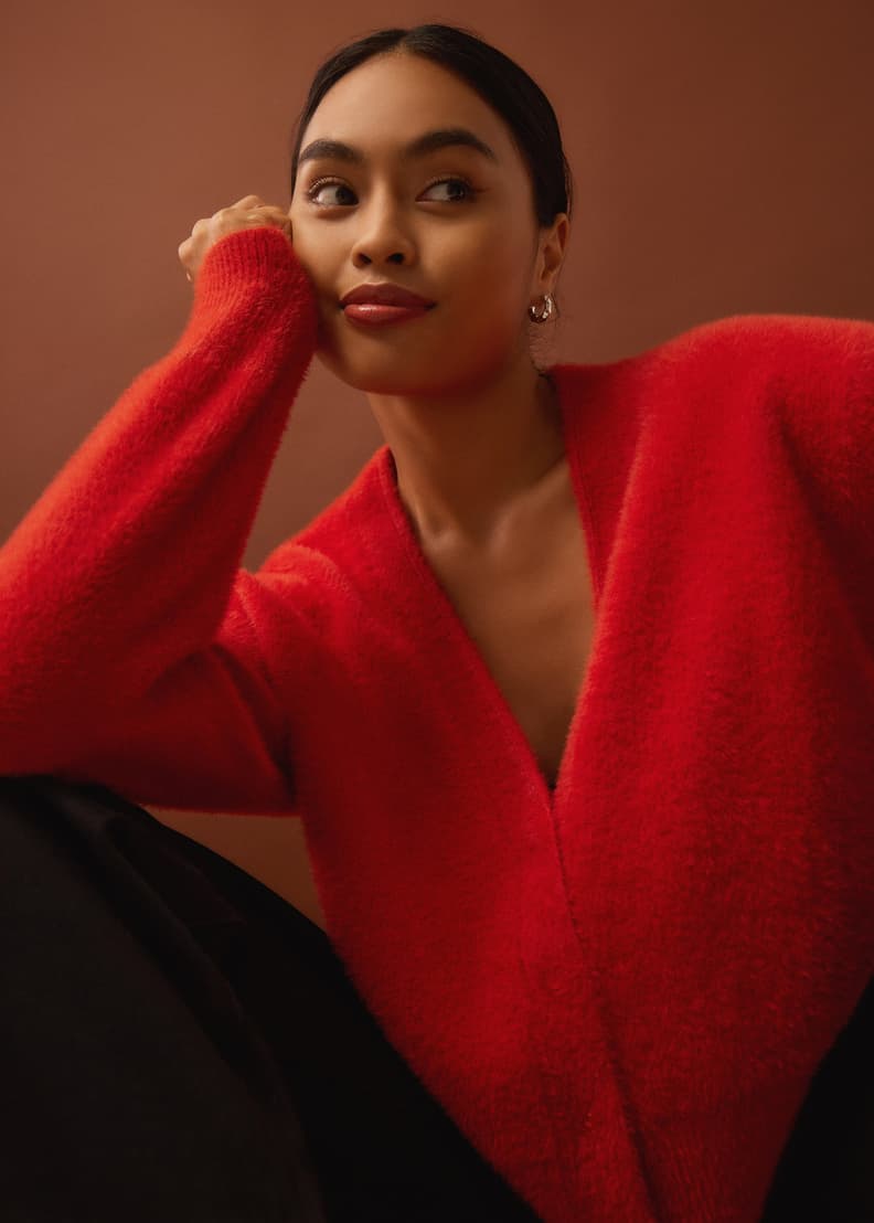 Red fuzzy cardigan store